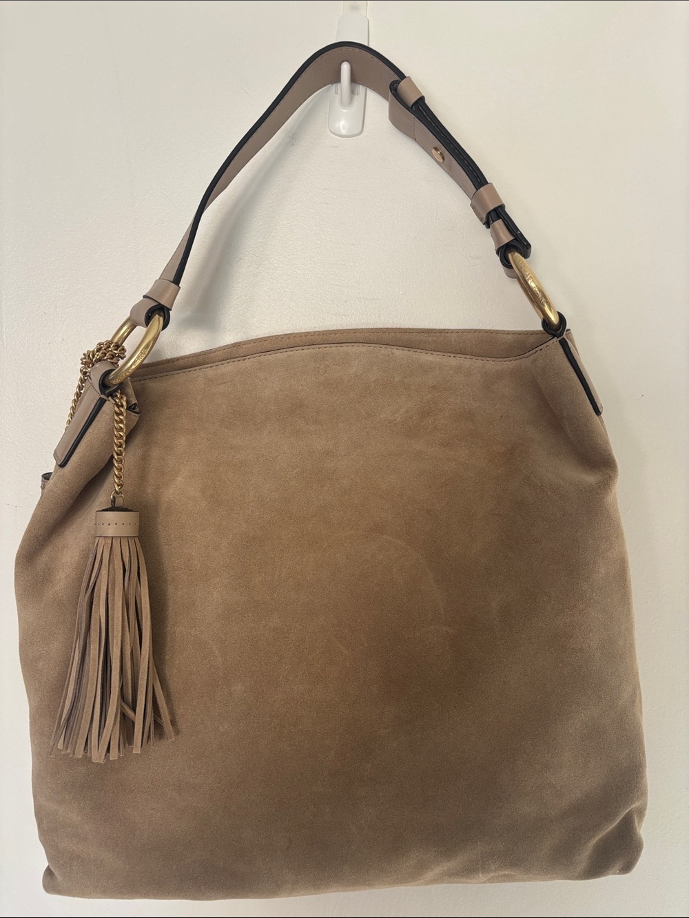 Michael Kors Taupe Suede Hobo Shoulder Bag with Tassel Accent